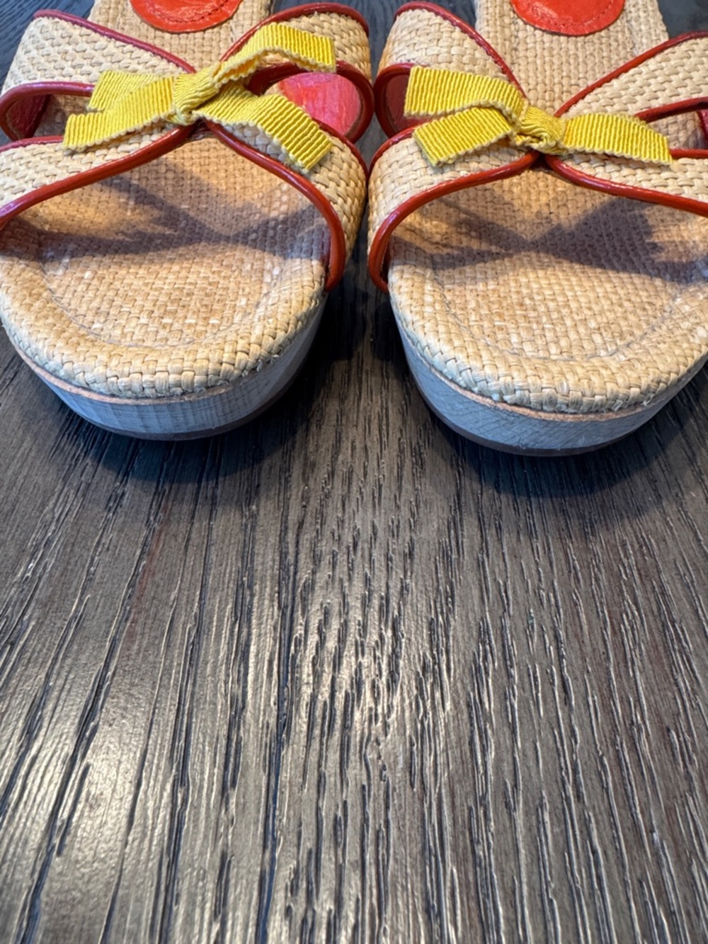 Prada Beige Raffia Slide Mules with Yellow Bow and Coral Trim - Picture 9 of 14